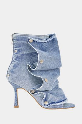 Azalea Wang Azalea Wang Birdsong Peep Toe Stiletto Denim Bootie in Denim, Women's at Urban Outfitters