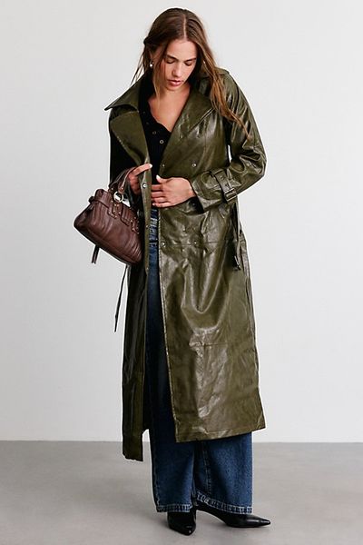 Azalea Wang Coren Long Faux Leather Trench Coat Jacket In Olive