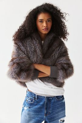 Azalea Wang Azalea Wang Dusk Oversized Hooded Faux Fur Jacket in Grey, Women's at Urban Outfitters