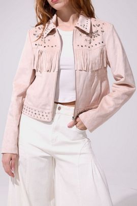 Azalea Wang Azalea Wang Finlee Fringe Suede Jacket in Blush, Women's at Urban Outfitters