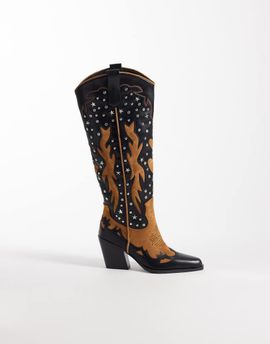 AZALEA WANG Azalea Wang Kalpana embellished western knee boots in black and orange