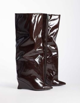 AZALEA WANG Azalea Wang Kenya wedge knee boots in brown patent
