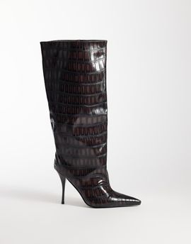 AZALEA WANG Azalea Wang Laniya pointed cone heel glam knee boots in espresso croc-Brown