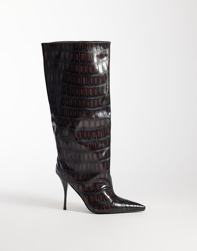 AZALEA WANG Azalea Wang Laniya pointed cone heel glam knee boots in espresso croc-Brown