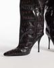 AZALEA WANG Azalea Wang Laniya pointed cone heel glam knee boots in espresso croc-Brown - 2