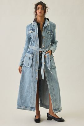 Azalea Wang Azalea Wang Lucienne Longline Denim Trench Coat Jacket in Light Blue, Women's at Urban Outfitters