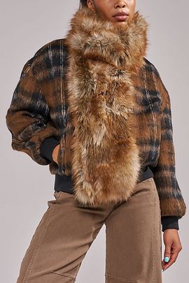Azalea Wang Azalea Wang Maddy Furry Plaid Bomber Jacket in Brown, Women's at Urban Outfitters