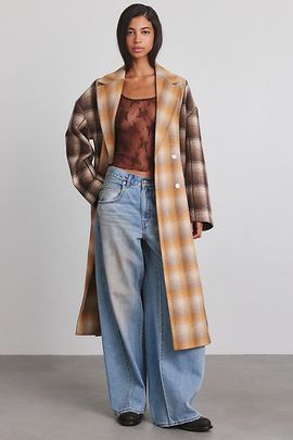 Azalea Wang Azalea Wang Multi-Plaid Oversized Trench Coat Jacket in Brown, Women's at Urban Outfitters