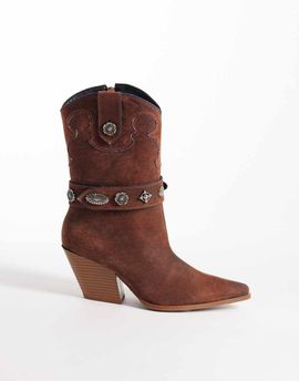AZALEA WANG Azalea Wang Neith embellished belt western mid ankle boots in suede orange