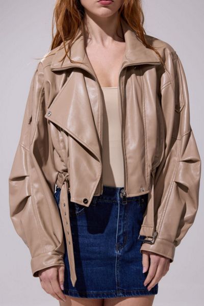 Azalea Wang Azalea Wang Papoose Butter Leather Moto Jacket in Beige, Women's at Urban Outfitters