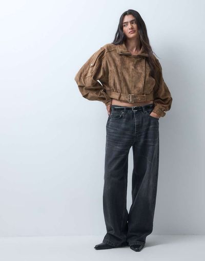 AZALEA WANG Azalea Wang Papoose cropped moto jacket in brown suedette