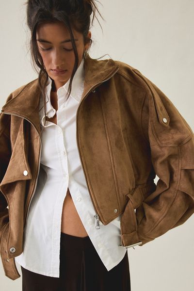 Azalea Wang Azalea Wang Papoose Faux Leather Moto Jacket in Brown, Women's at Urban Outfitters