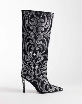 AZALEA WANG Azalea Wang parfum pointed knee boots with intricate sequin pattern in black and silver