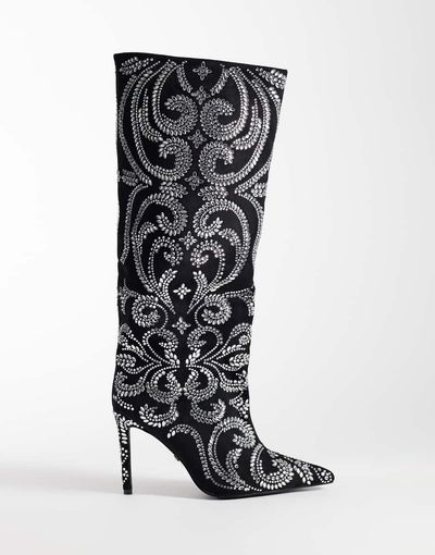 AZALEA WANG Azalea Wang parfum pointed knee boots with intricate sequin pattern in black and silver