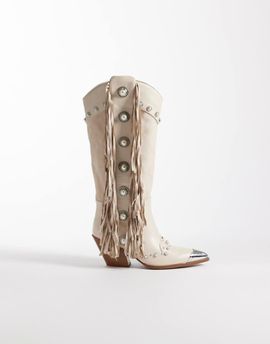 AZALEA WANG Azalea Wang Pelagius embellished tassel knee boots in cream-White
