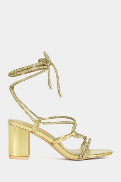 Azalea Wang Azalea Wang Revani Wrap-Around Strappy Block Heel in Gold, Women's at Urban Outfitters