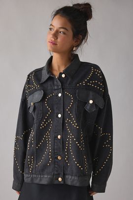 Azalea Wang Azalea Wang Ricki Studded Faux Leather Trim Oversized Denim Jacket in Black, Women's at Urban Outfitters