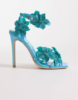 AZALEA WANG Azalea Wang Romi high heel sandals with embellished flowers in aquamarine-Blue
