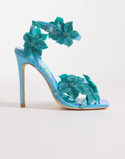 AZALEA WANG Azalea Wang Romi high heel sandals with embellished flowers in aquamarine-Blue