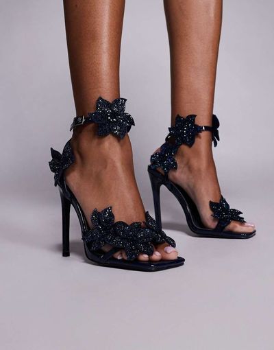 AZALEA WANG Azalea Wang Romi high heeled sandal with embellished flowers in navy