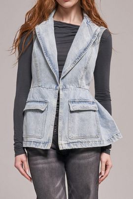 Azalea Wang Azalea Wang Ryn Peplum Denim Vest Jacket in Denim, Women's at Urban Outfitters