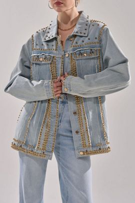 Azalea Wang Azalea Wang Sable Studded Denim Jacket in Denim, Women's at Urban Outfitters