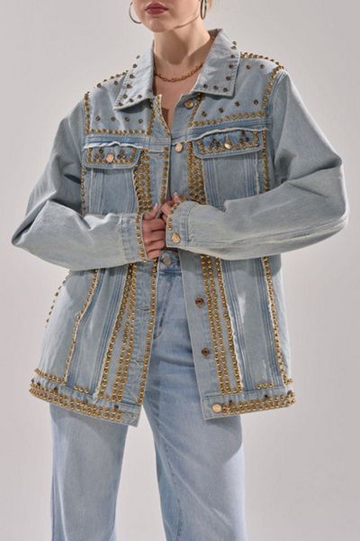Azalea Wang Azalea Wang Sable Studded Denim Jacket in Denim, Women's at Urban Outfitters