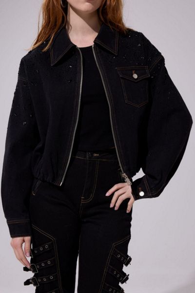 Azalea Wang Azalea Wang Safina Embellished Denim Jacket in Black, Women's at Urban Outfitters