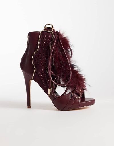 AZALEA WANG Azalea Wang Shainy fluffy detail high heel boots in burgundy-RED