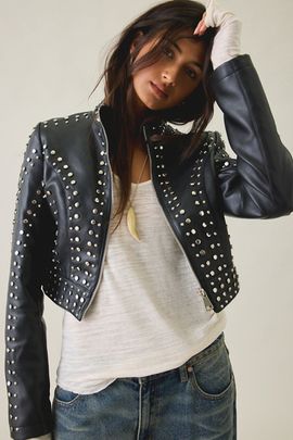 Azalea Wang Azalea Wang Silvis Crystal Embellished Faux Leather Moto Jacket in Black, Women's at Urban Outfitters