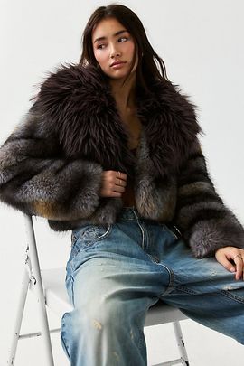 Azalea Wang Azalea Wang Sonder Mixed Faux Fur Cropped Jacket in Grey, Women's at Urban Outfitters