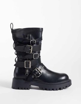 AZALEA WANG Azalea Wang Spridy mid ankle biker boots with buckles in black