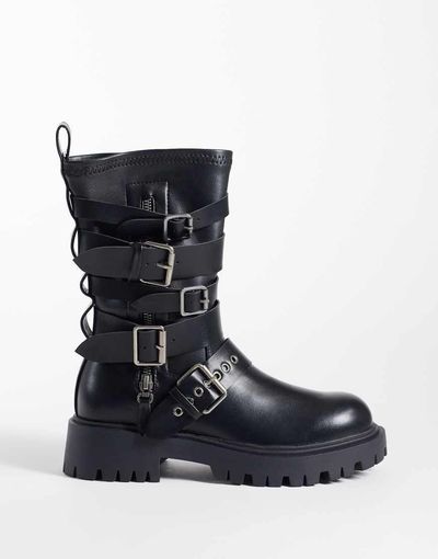AZALEA WANG Azalea Wang Spridy mid ankle biker boots with buckles in black