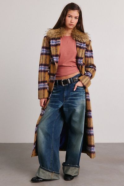 Azalea Wang Azalea Wang Talora Faux Fur Trim Plaid Trench Coat Jacket in Tan, Women's at Urban Outfitters