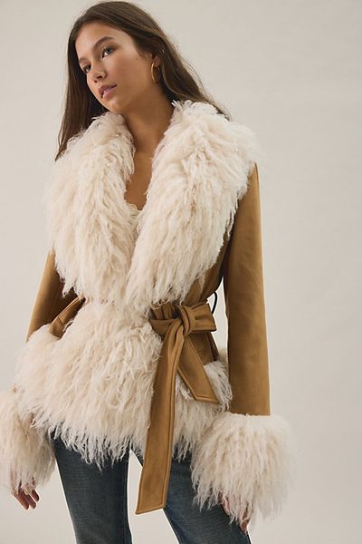 Azalea Wang Azalea Wang Tori Faux Fur Trim Wrap Jacket in Tan, Women's at Urban Outfitters