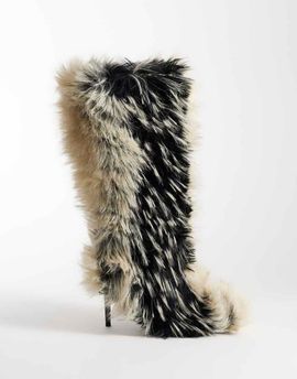AZALEA WANG Azalea Wang Upstarter stiletto heel faux fur knee boots in beige multi