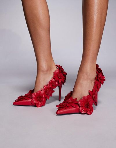 AZALEA WANG Azalea Wang Zarah embellished floral heeled pumps in red