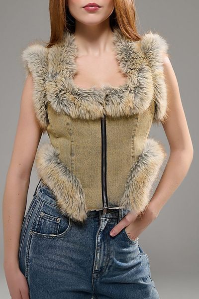 Azalea Wang Azalea Wang Zoraya Faux Fur Vest Jacket in Denim, Women's at Urban Outfitters