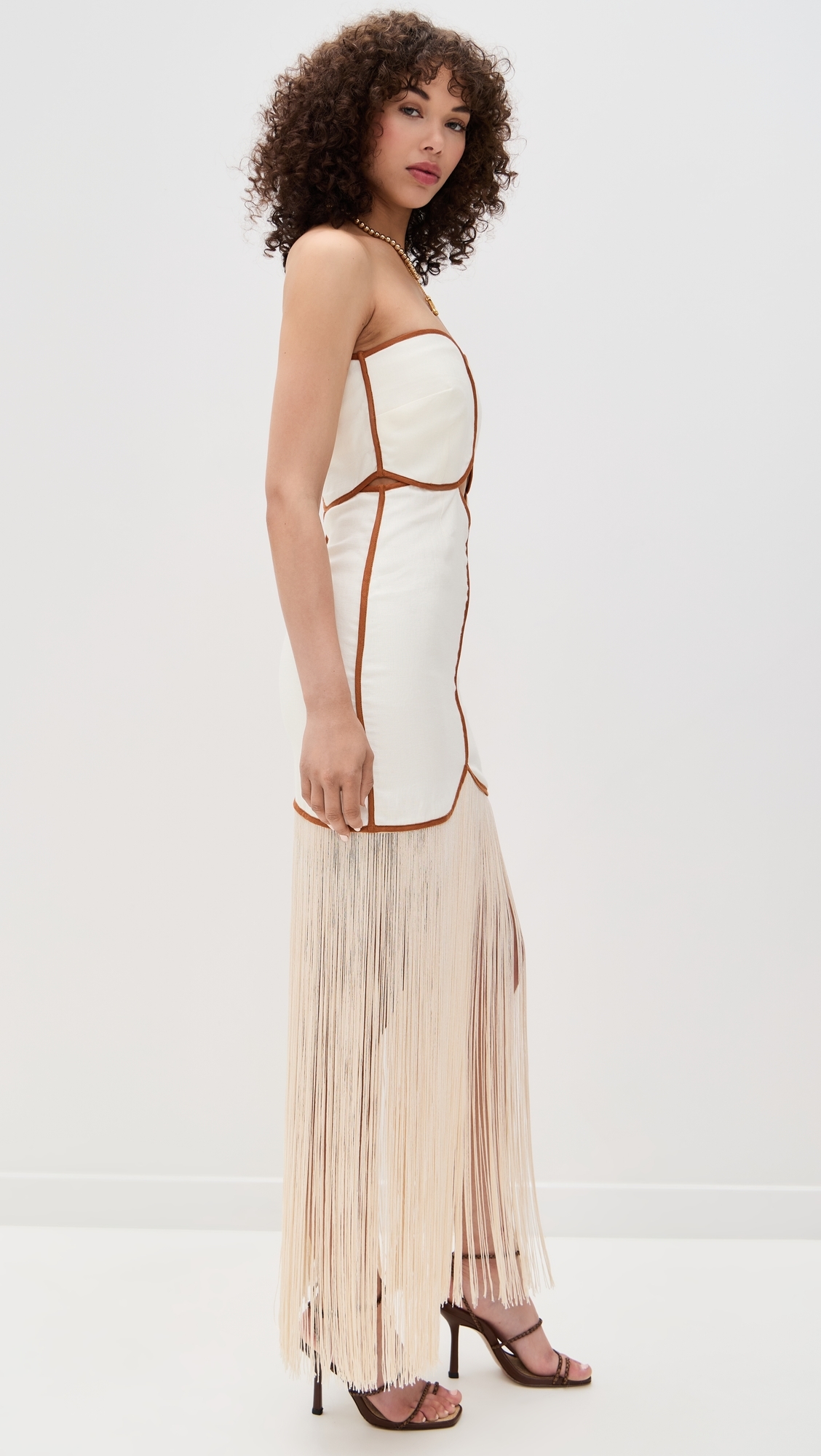 azulu joaquina linen fringe strapless midi dress Azulu Joaquina Dress