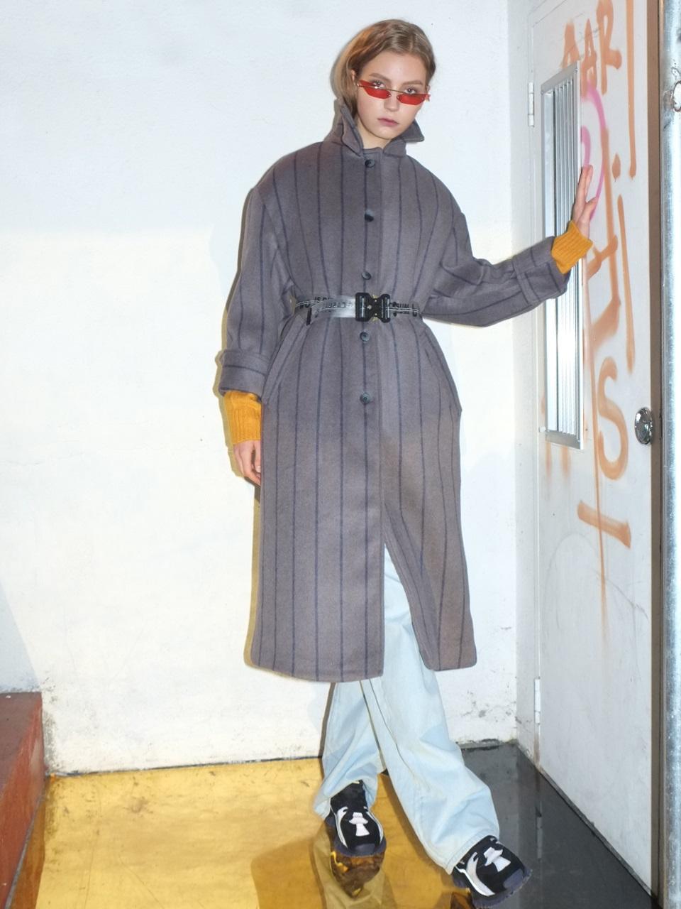 b able two Oversized Stripe Wool Coat Gray