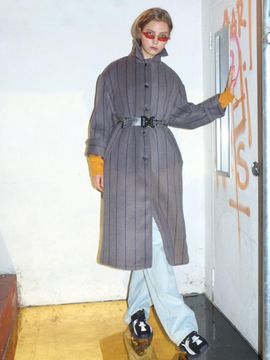 b able two Oversized Stripe Wool Coat Gray