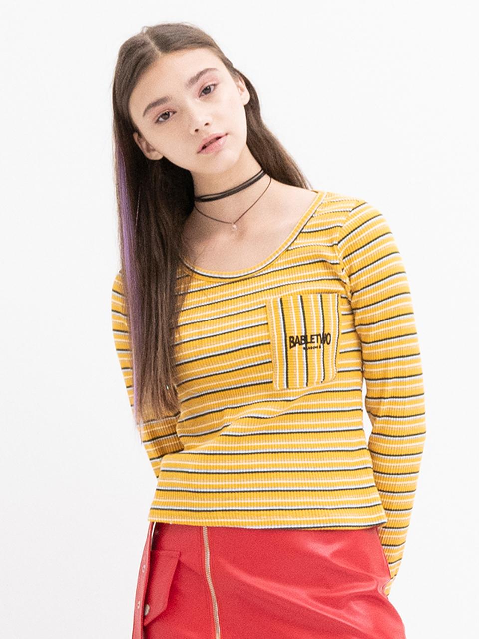 b able two Stripe Pocket T-shirts [YELLOW]