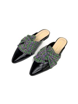 back of the moon Check Ribbon Leather Mule [Green]