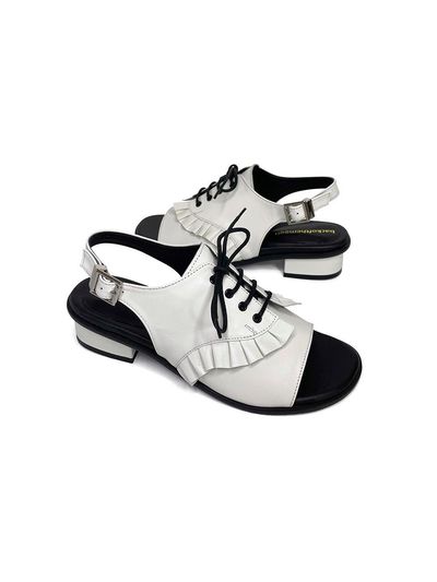 back of the moon Sheepskin Leather Ruffled Loafer Sandal [Beige]