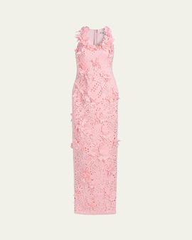 Badgley Mischka 3D Floral Pearly Embellished Gown