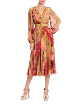 Badgley Mischka Badgley Mischka Pleated Floral Wrap Midi Dress