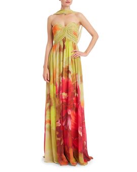Badgley Mischka Badgley Mischka Strapless Floral Scarf Gown