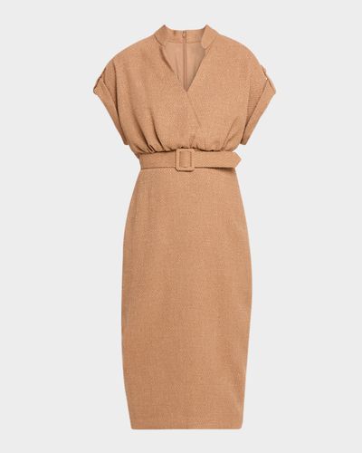 Badgley Mischka Belted Bodycon Tweed Midi Dress