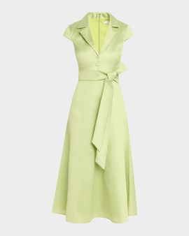Badgley Mischka Belted Cap-Sleeve Pebble Gazar Midi Shirtdress