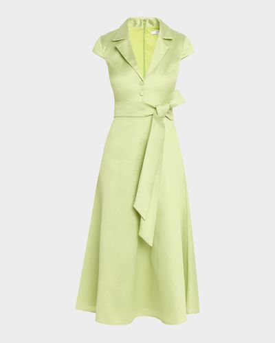Badgley Mischka Belted Cap-Sleeve Pebble Gazar Midi Shirtdress